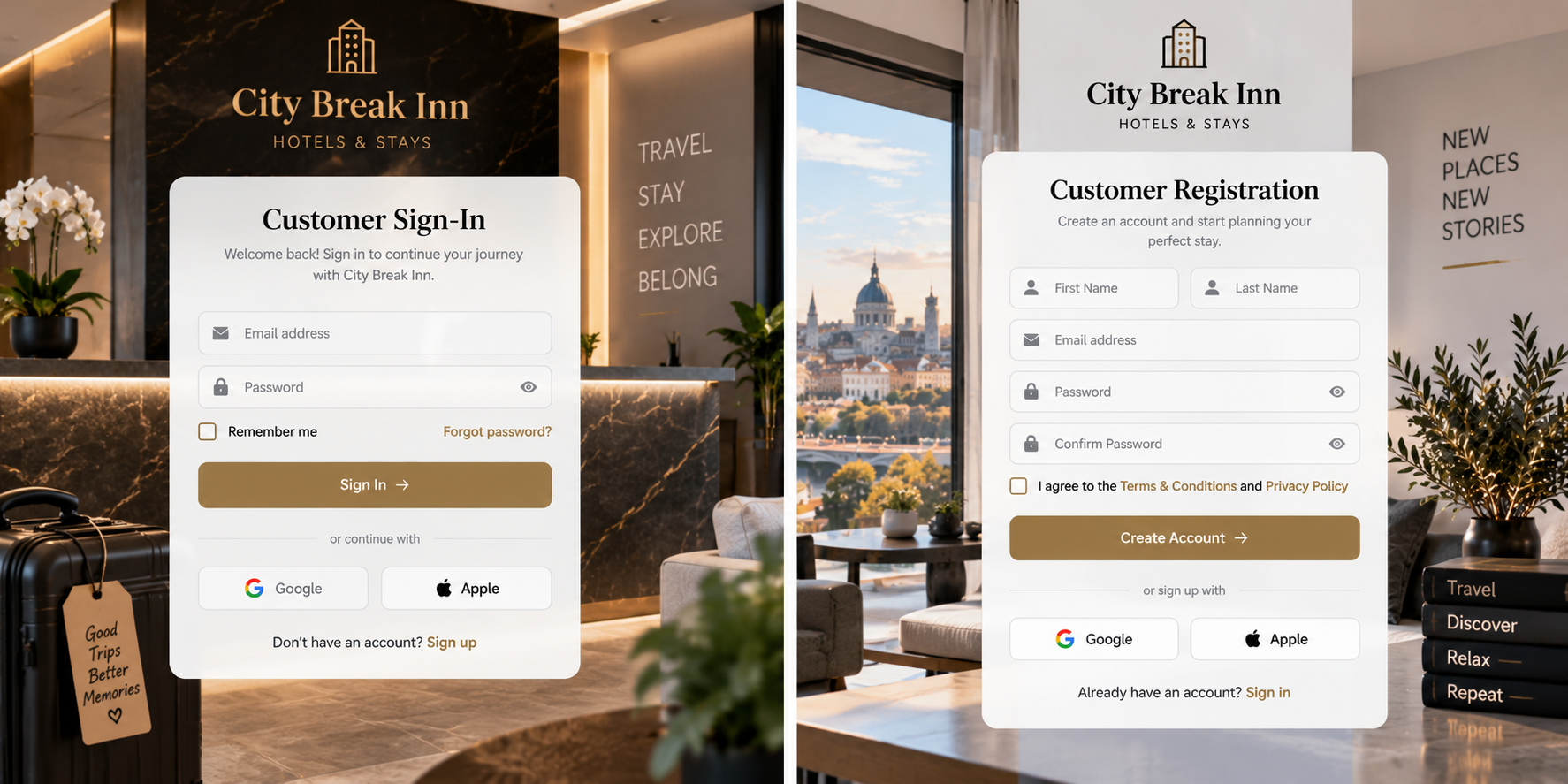 עיצובי הרשמה והתחברות ללקוחות City Break Inn