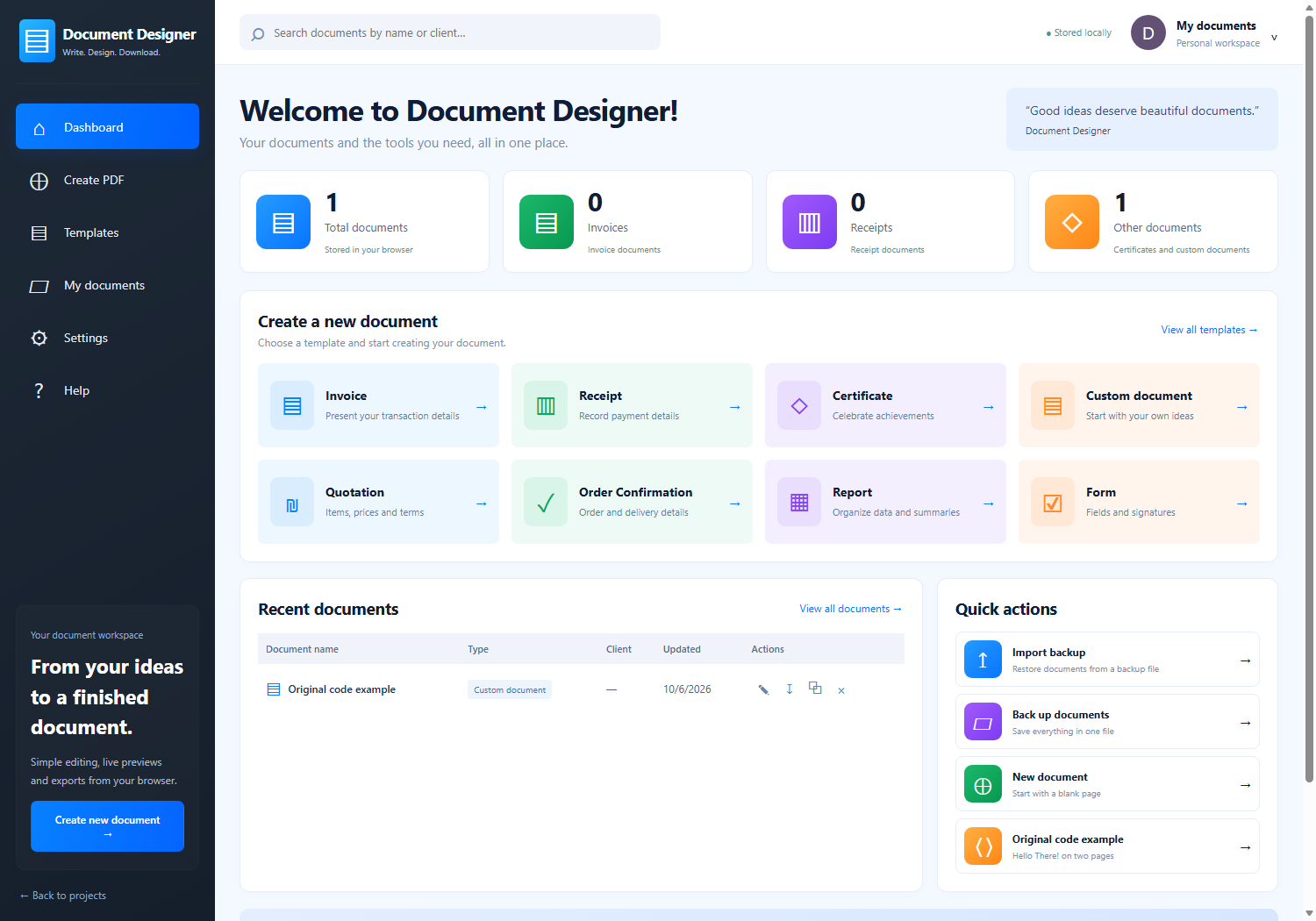 Document Designer dashboard with invoice, quotation, report and form templates